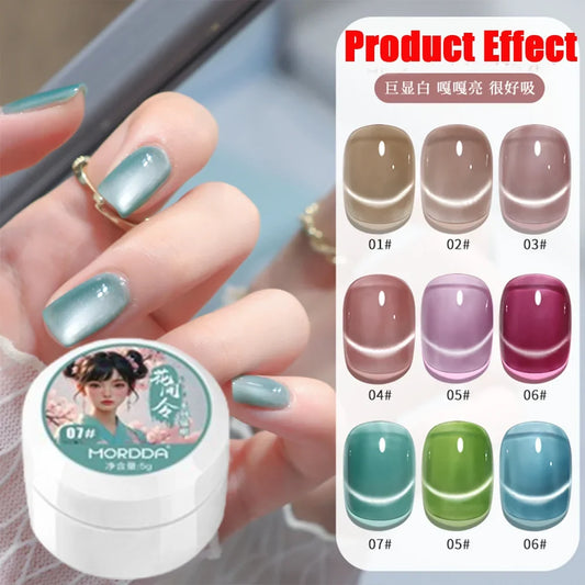 Magnetic cat-eye satin nail gel shades with swatches on nails and color chart, 01-06