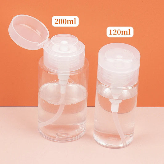 Two transparent plastic push-bottling dispenser bottles with flip-top caps and pump nozzles