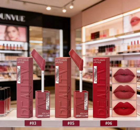 Matte liquid lipstick display with three shades (#03, #05, #06) and lip swatches