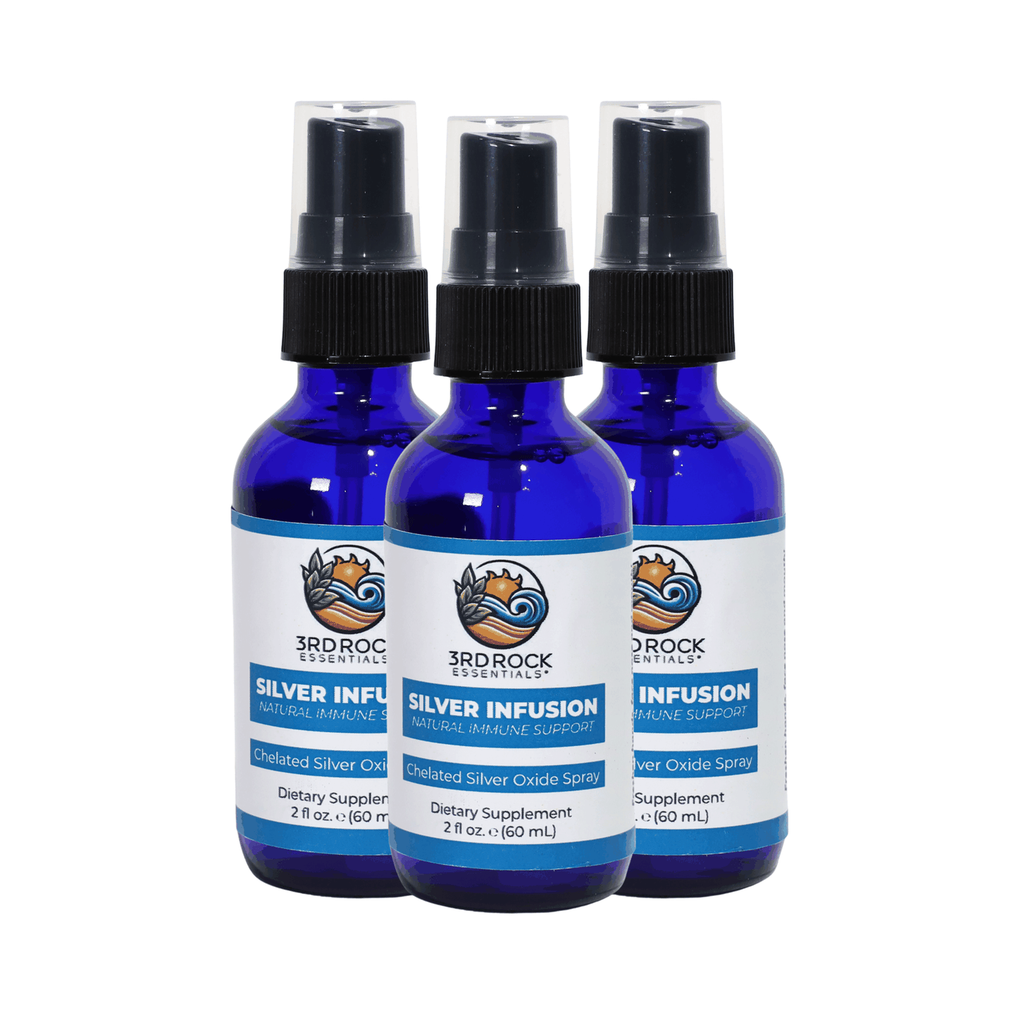 Set of three silver infusion spray bottles with black mist pumps and blue liquid.