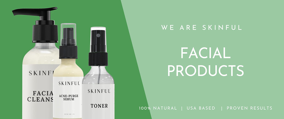 Skinful facial toner bottles with black pumps, shown as a product set