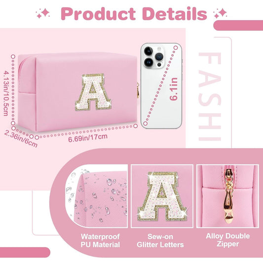 Small Personalized Initial A-Z Patch Makeup Bag,Pink Cute PU Leather Glitter Letter Cosmetic Bag for Teen Girls,Travel Toiletry Bag with Zipper,Preppy Monogrammed Birthday Gift for Daughter Niece A - Renee Lane Company