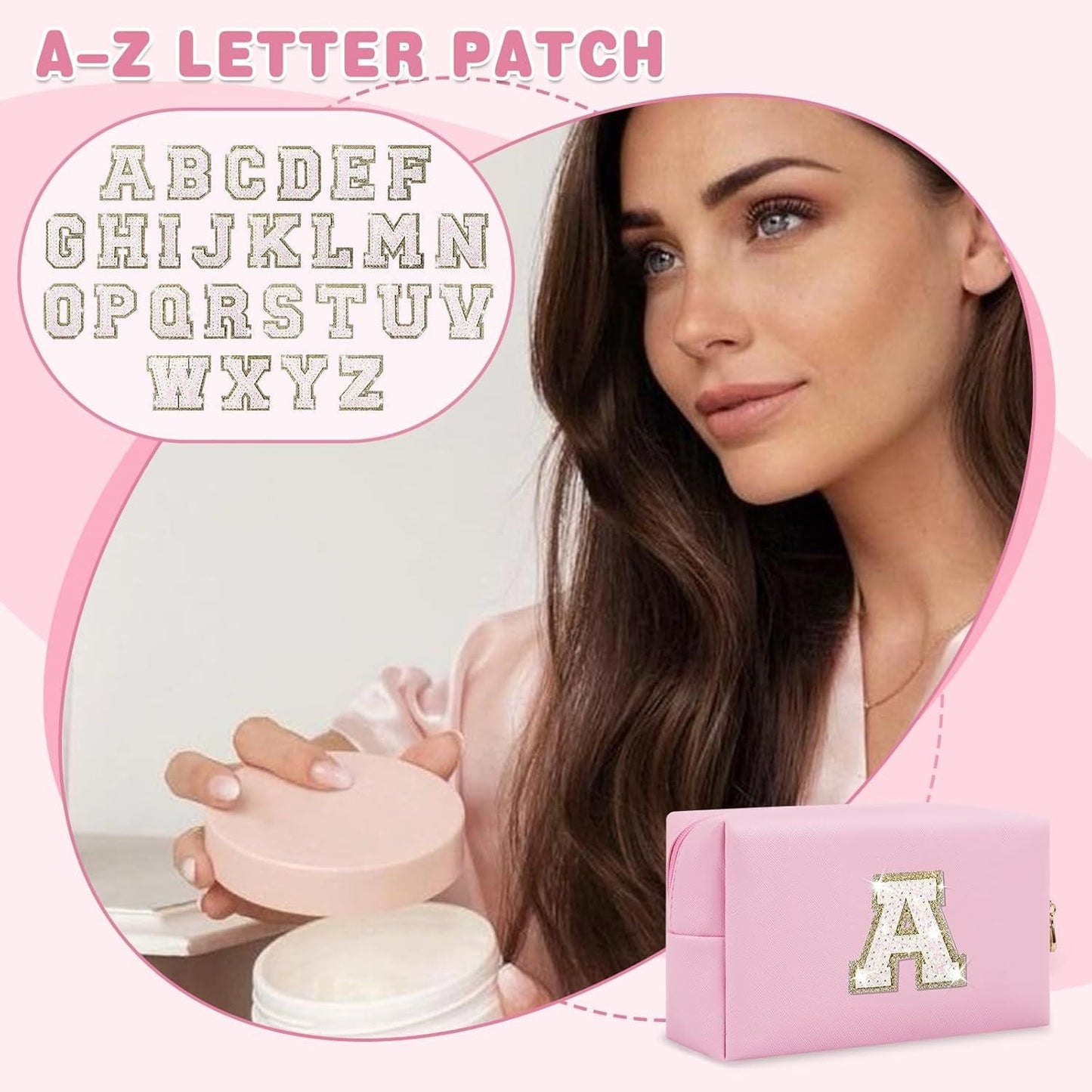 Small Personalized Initial A-Z Patch Makeup Bag,Pink Cute PU Leather Glitter Letter Cosmetic Bag for Teen Girls,Travel Toiletry Bag with Zipper,Preppy Monogrammed Birthday Gift for Daughter Niece A - Renee Lane Company