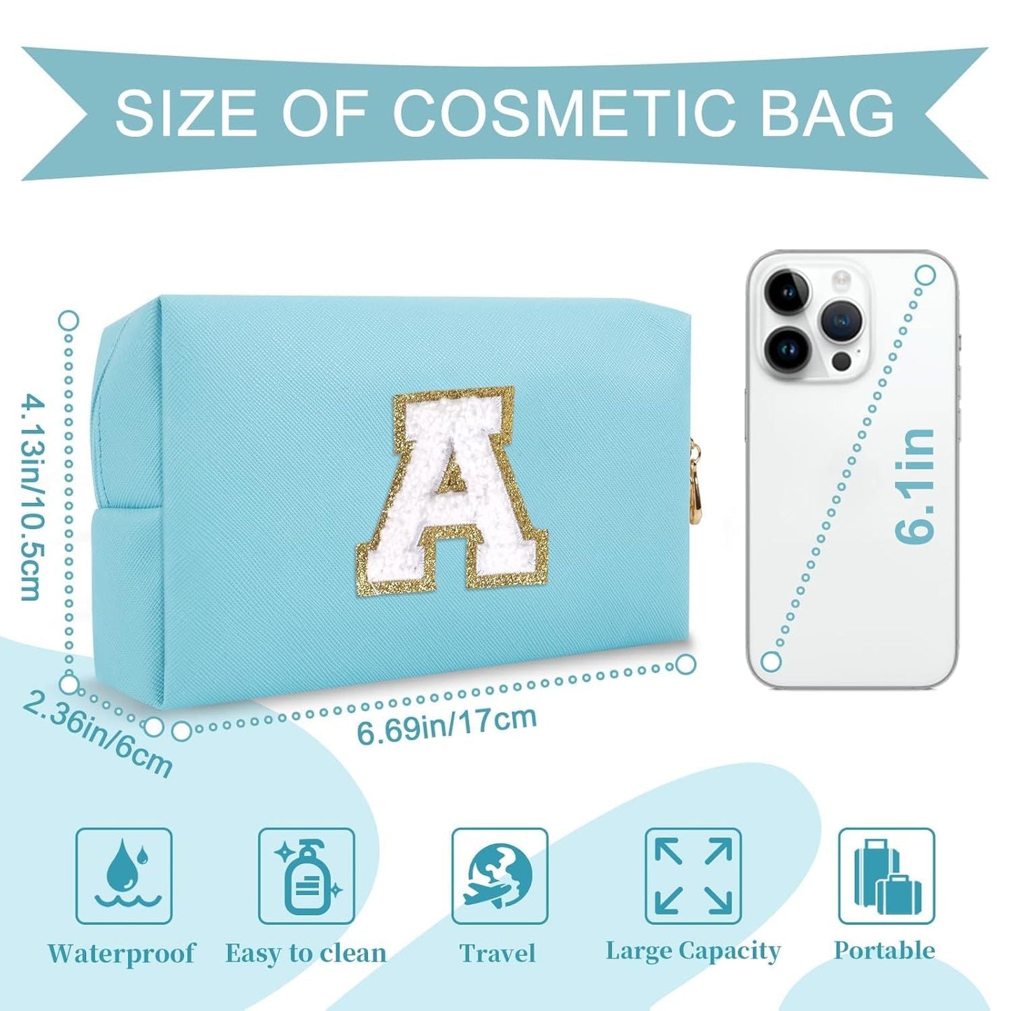 Small Personalized Initial A-Z Preppy Patch Makeup Bag,PU Chenille Letter Travel Cosmetic Pouch with Zipper,Blue Cute Toiletry Bag,Gift Ideal for Teen Girls Women Teacher Bridesmaid,Letter A - Renee Lane Company