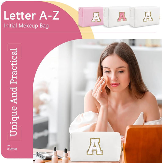 Small Personalized Initial A-Z Preppy Patch Makeup Bag,White PU Chenille Letter Travel Cosmetic Pouch with Zipper,Cute Toiletry Bag,Gift Ideal for Teen Girls Women Teacher Bridesmaid,Letter A - Renee Lane Company