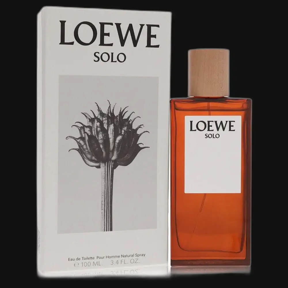 Men's cologne bottle with box, brown cap, amber liquid in glass