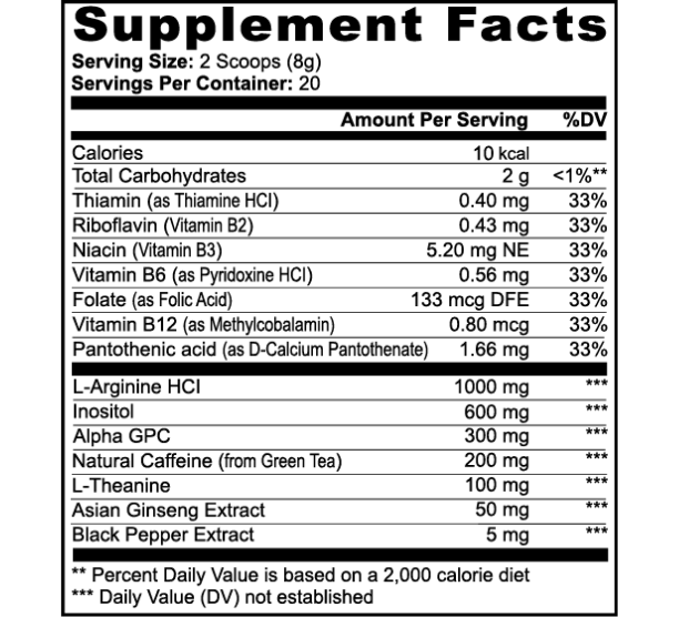 Supplement Facts label showing serving size 2 scoops (8g) and nutrition amounts.