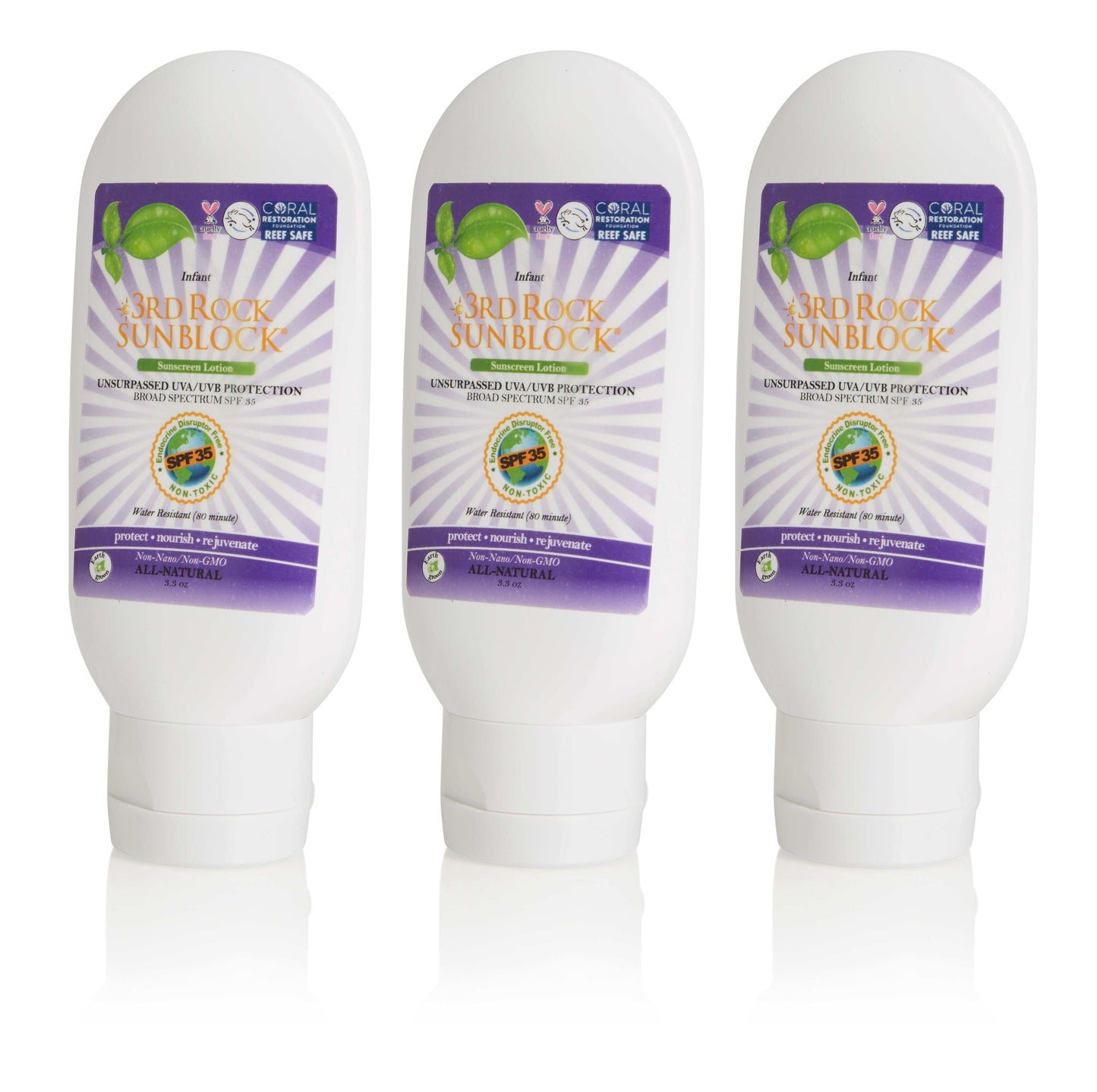 Three infant sunscreen bottles with purple SPF 35 labels, shown side by side.
