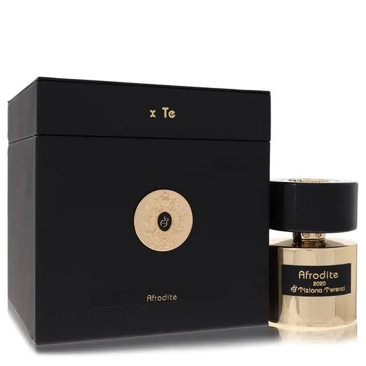 Women's perfume glass bottle with gold cap and matching dark outer box