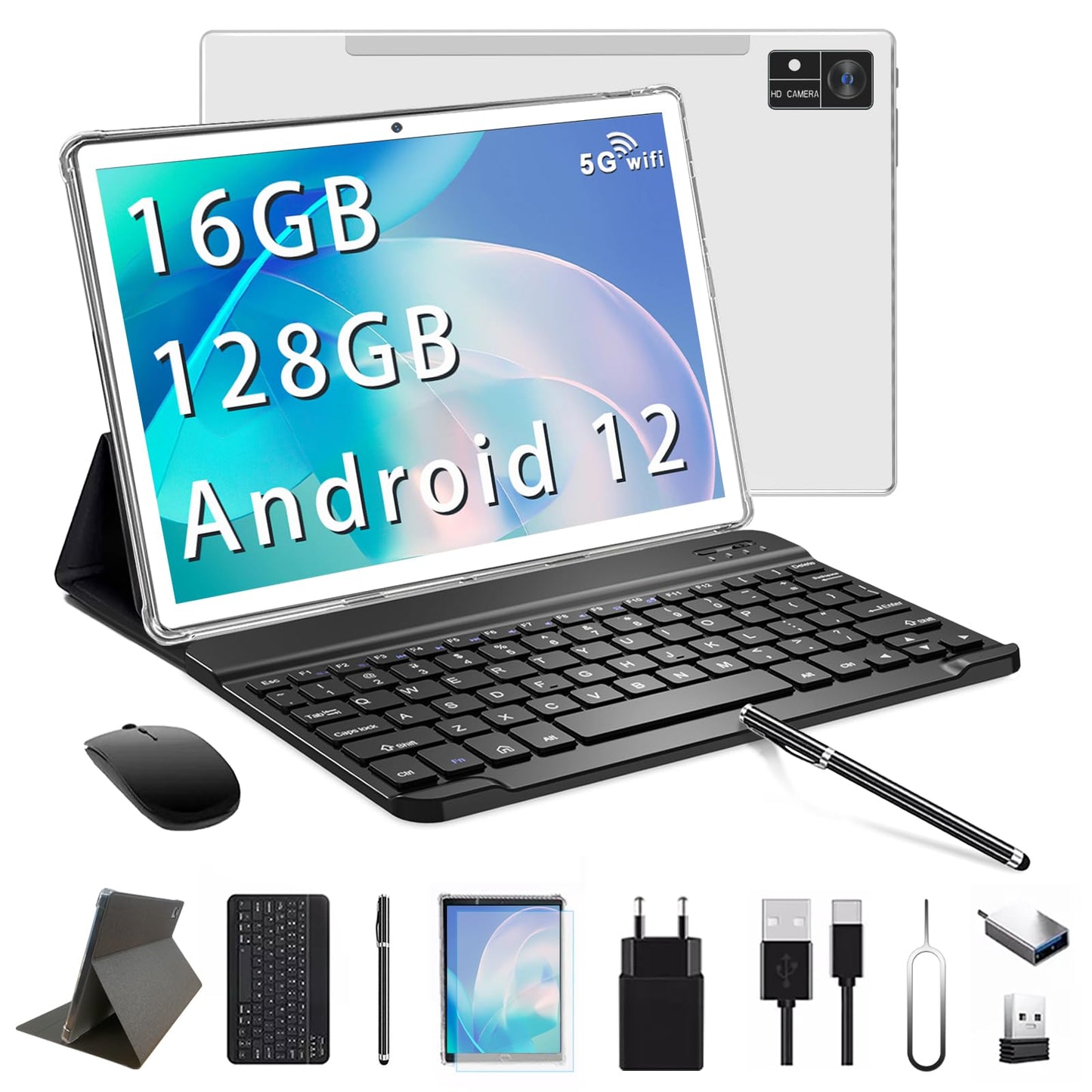 Tablet 10 inch Android 12 Tablets with Keyboard 128GB ROM 16(8+8)GB RAM 1TB Expand 2.4G/5G WiFi Tablet Octa-Core 1920 * 1200 IPS Display 13MP Camera 7000mAh GPS ZONKO Tablet with Case Mouse Silver - Renee Lane Company