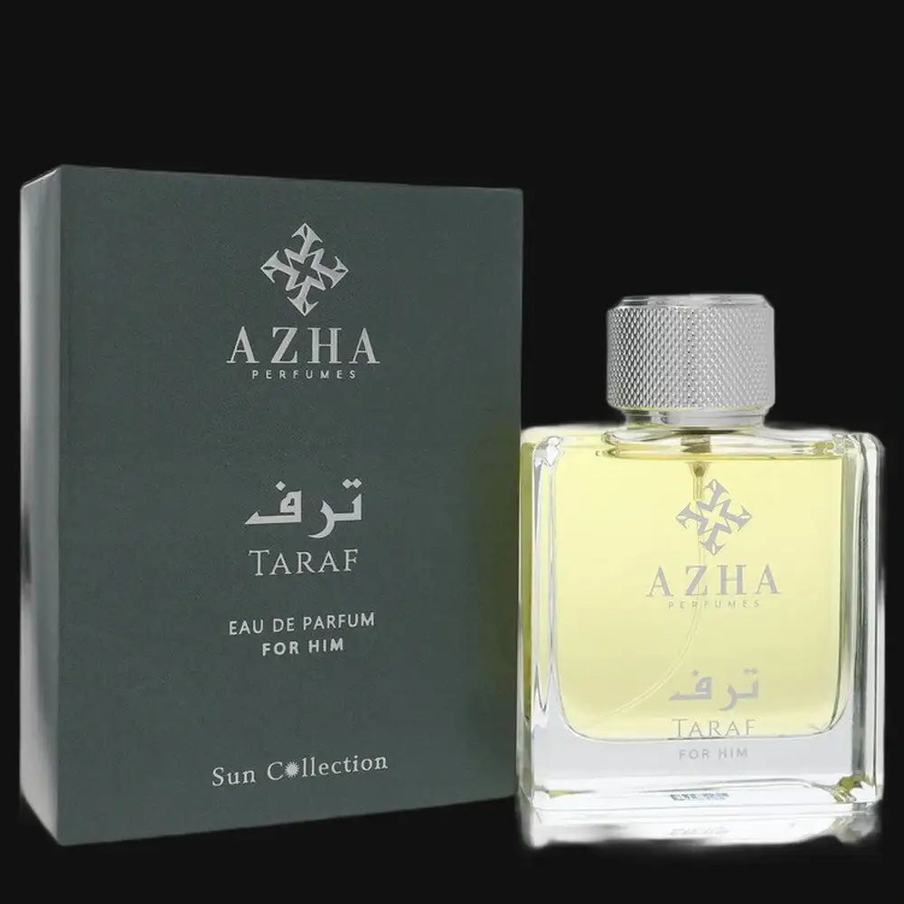 Men's Taraf Azha eau de parfum cologne set with bottle and dark box, silver cap