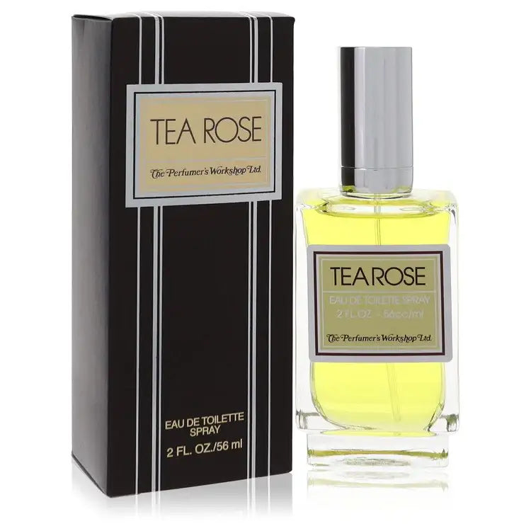 Women’s eau de toilette spray perfume: brown striped box and clear bottle, silver cap, pale yellow liquid.