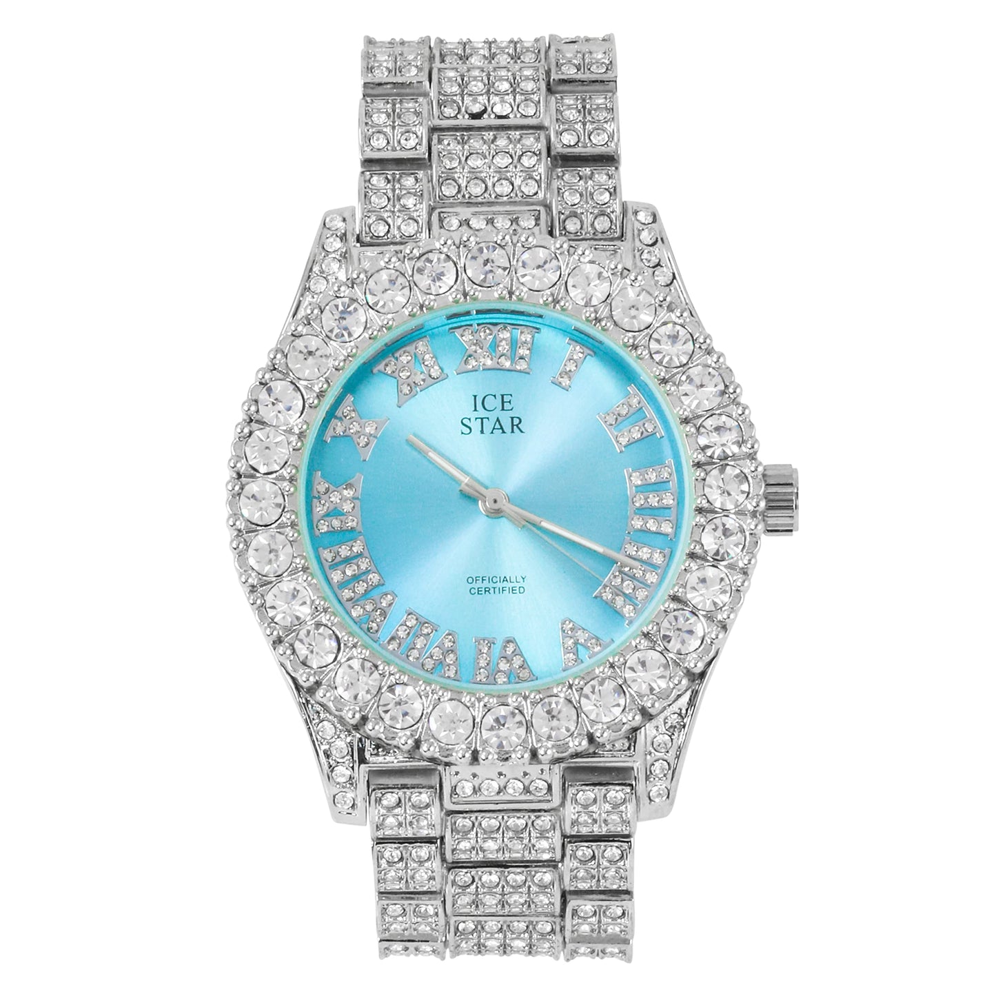 Techno Pave Womens 44mm Iced Solitaire Bezel Watch - Silver Plated with Blue Roman Dial - Renee Lane Company