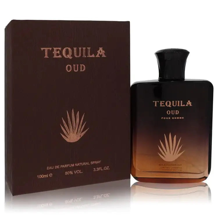 Unisex Tequila Oud eau de parfum bottle with branded gift box, dark amber glass