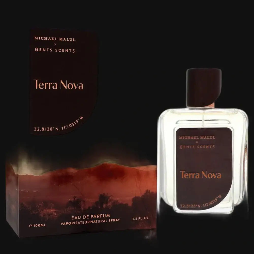 Men's eau de parfum spray bottle with brown cap and Terra Nova label, in box