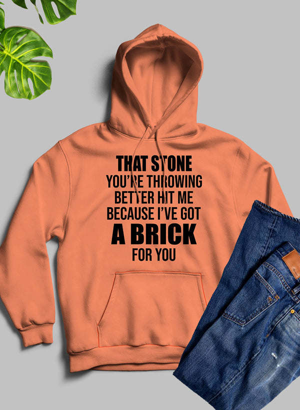 Hoodie with front hood and white slogan print, heather peach-orange.