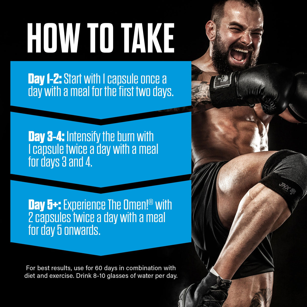 Stim-free fat burner bottle with 'How to Take' directions and boxer photo