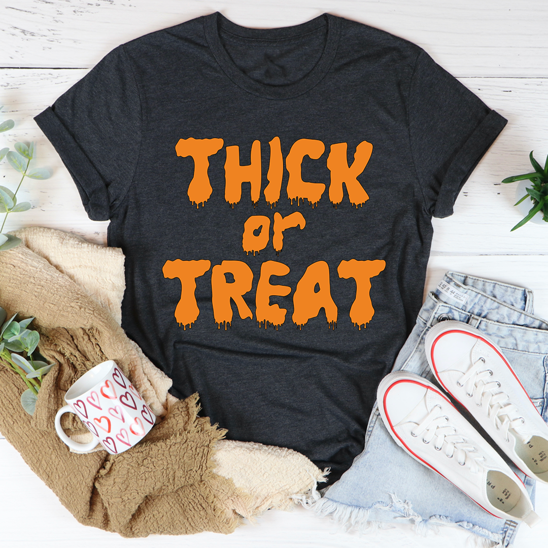 Dark heather T-shirt with orange dripping graphic text on the chest