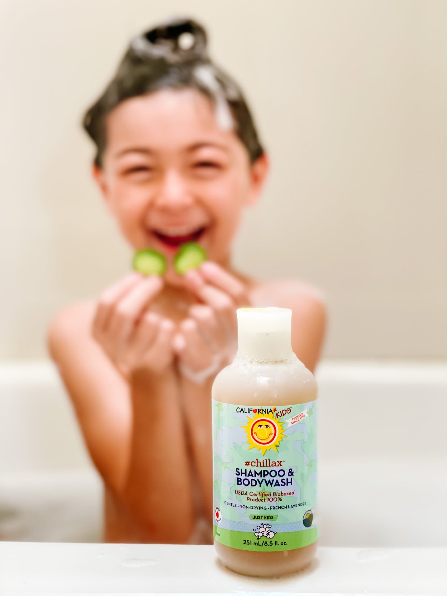 Kids #Chillax shampoo & bodywash bottle on bathroom counter