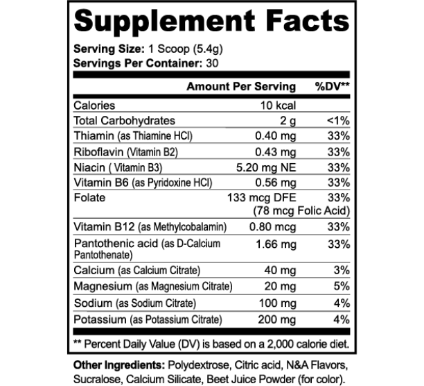 Supplement Facts panel showing nutrition amounts per serving for hydration powder