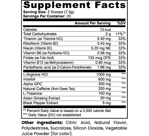 Supplement Facts panel showing serving size, nutrients, and other ingredients