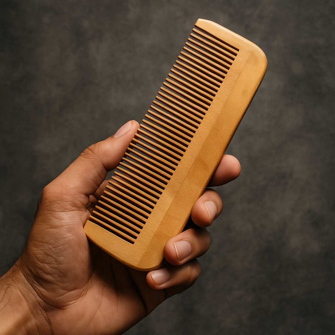 Wooden hair comb with fine teeth in a hand, rounded ends