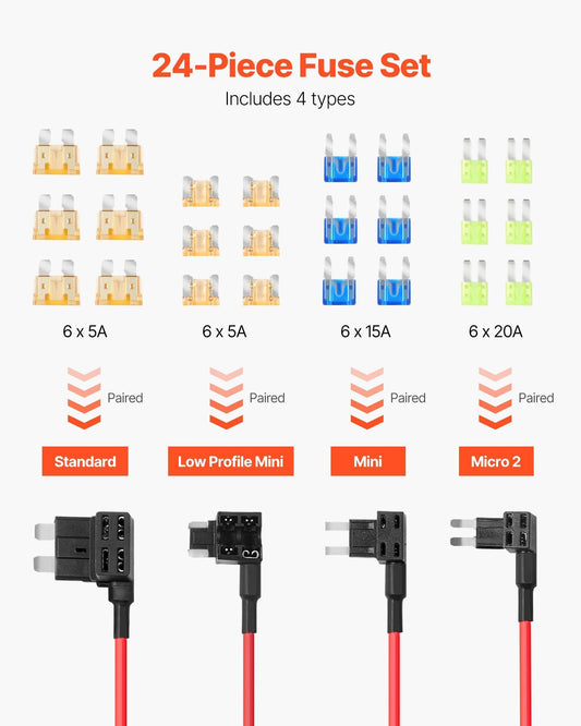 VEVOR Fuse Tap, 24 Packs, 4 Types 12V Car Add-a-Circuit Fuse Tap Adapter, Standard Mini Micro2 and Low Profile Mini Blade Fuses Holder, ATO ATC ATM Fuses Adapter Jumper for Cars Trucks Boats - Renee Lane Company