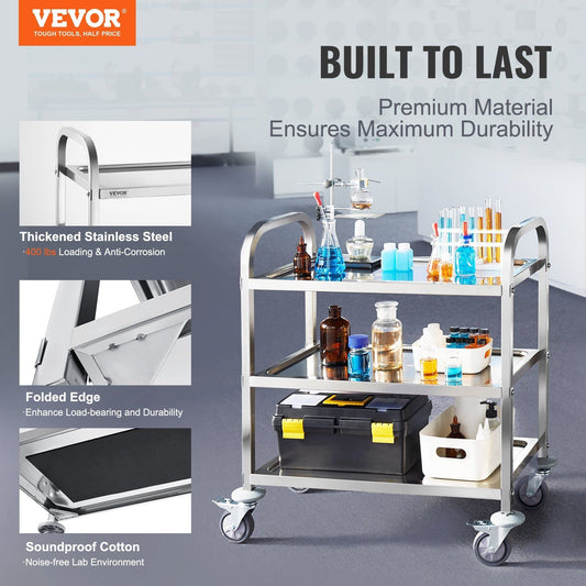 VEVOR Stainless Steel Cart, 3 Layers Lab Utility Cart 400 lbs Weight Capacity, Medical Cart with Lockable Universal Wheels, for Lab, Clinic, Kitchen, Salon - Renee Lane Company