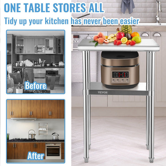 VEVOR Stainless Steel Prep Table, 24 x 18 x 36 Inch, 600lbs Load Capacity Heavy Duty Metal Worktable with Adjustable Undershelf & Feet, Commercial Workstation for Kitchen Restaurant Garage Backyard - Renee Lane Company