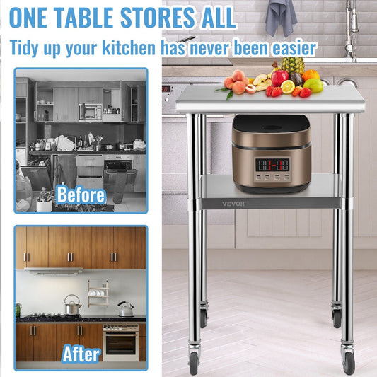 VEVOR Stainless Steel Prep Table, 24 x 24 x 36 Inch, 600lbs Load Capacity Heavy Duty Metal Worktable with Adjustable Undershelf & Universal Wheels, Commercial Workstation for Kitchen Garage Backyard - Renee Lane Company