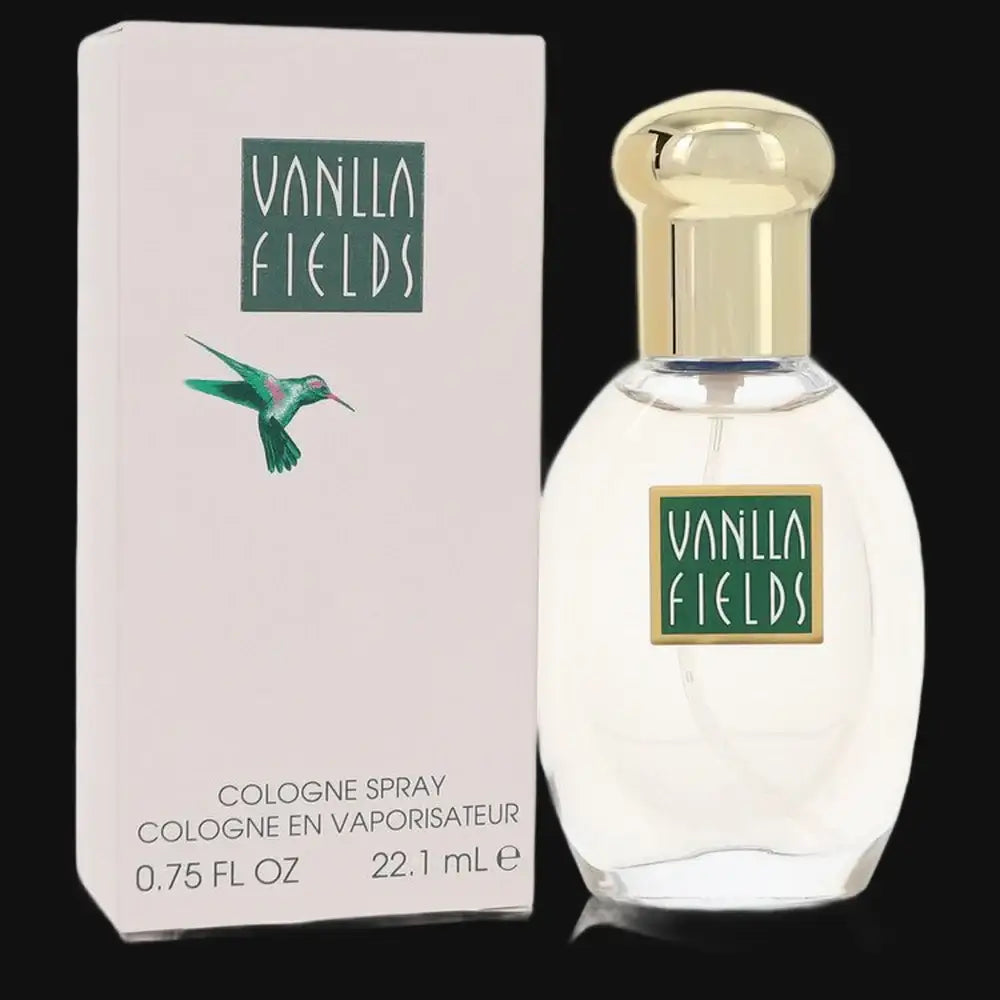 Vanilla Fields perfume bottle with gold cap and matching cologne spray box, 0.75 fl oz