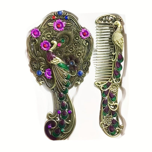 Vintage Handheld Mirror & Antique Comb Set - Perfect Princess Gift for Women & Girls - Portable Makeup Mirror with Decorative Beads (Random Color) - Renee Lane Company