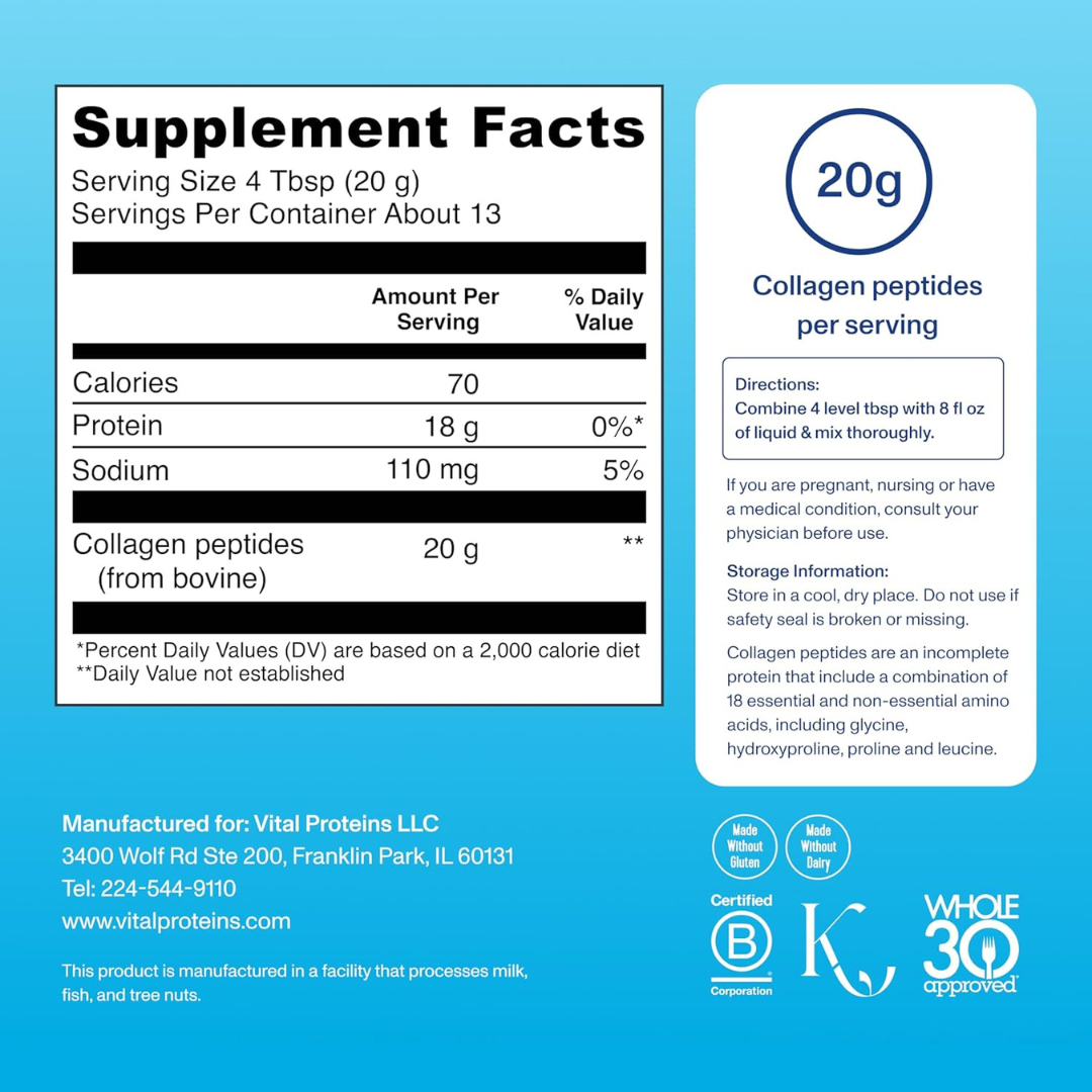 Supplement facts label with serving size 4 Tbsp and collagen peptides 20 g per serving