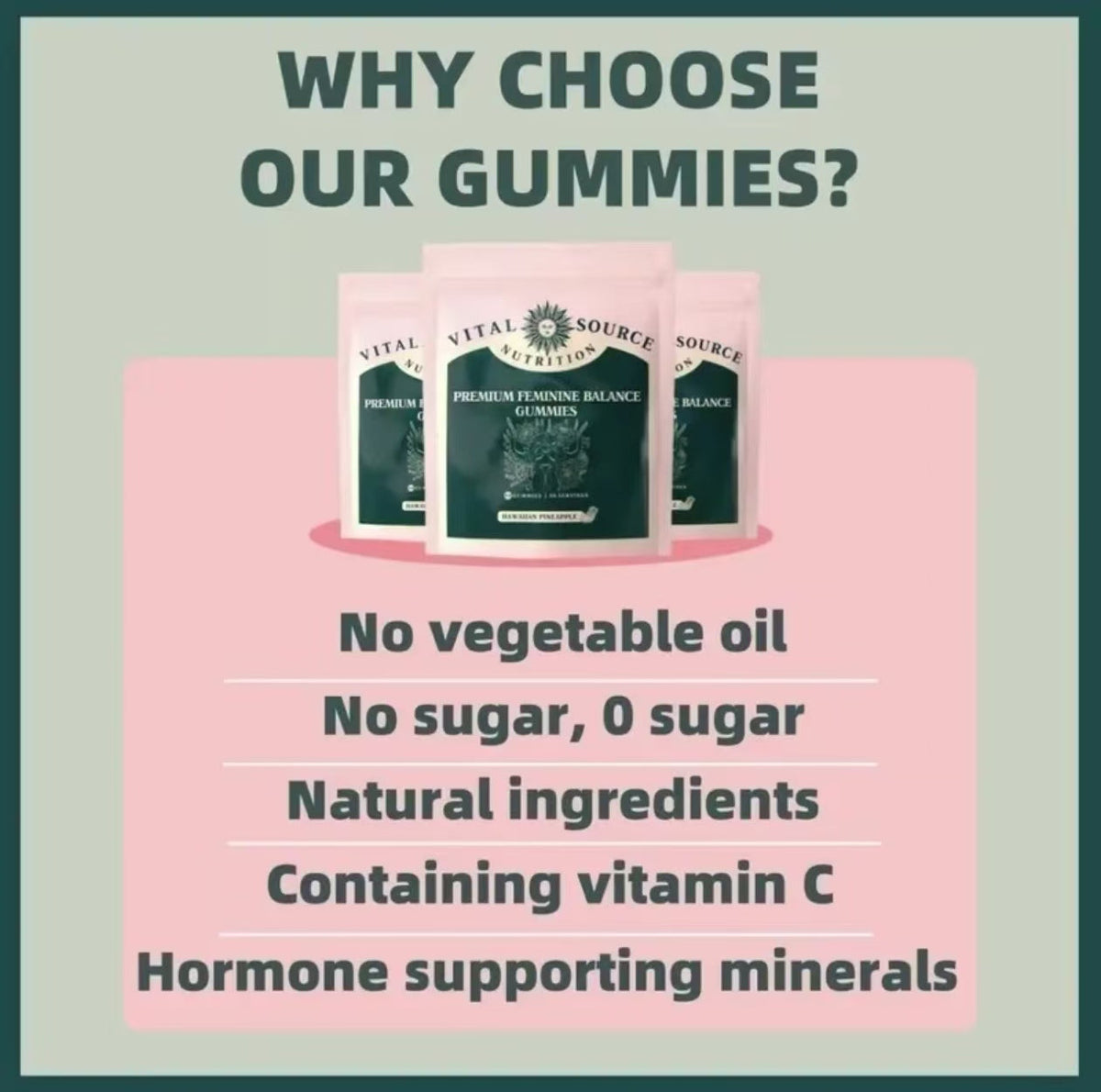 Vital Source Nutrition - Premium Feminine Balance Gummies - for Women’s Health & Wellness - Immune Support - Vegan, Gluten-Free & Halal - Hawaiian Pineapple - 60 Gummies - 30 Servings - Renee Lane Company