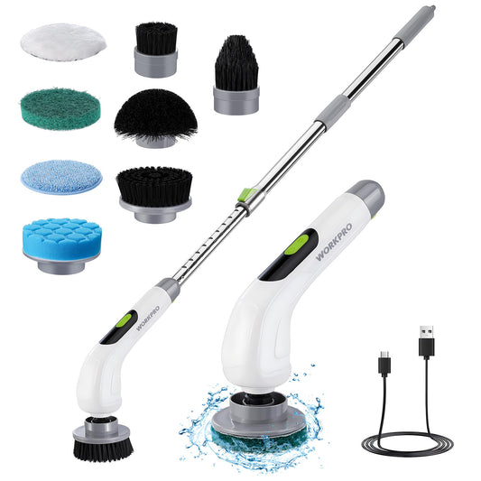 WORKPRO Electric Spin Scrubber Cordless Cleaning Brush Shower Scrubber with Long Adjustable Handle & 3-Speed 8 Replaceable Brush Heads Spin Brush for Cleaning Kitchen Bathroom Bathtub and Floor - Renee Lane Company