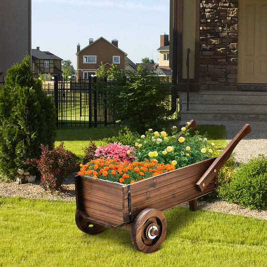 Wooden Wagon Planter Box with Wheels Handles and Drainage Hole - Renee Lane Company