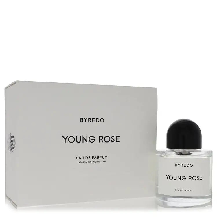 Byredo Young Rose eau de parfum bottle with matching box, clear glass