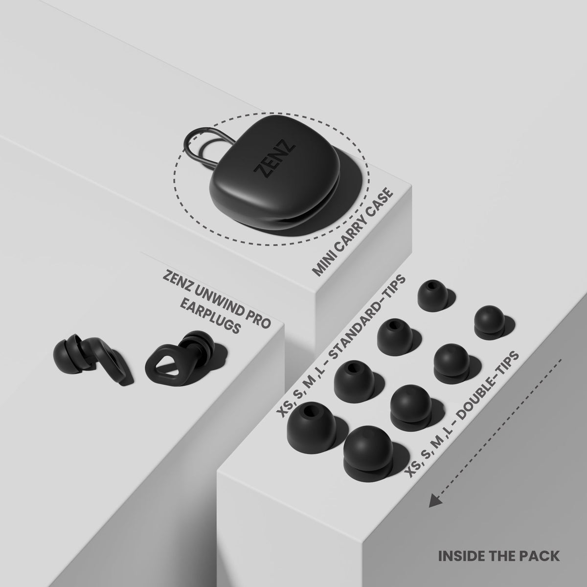 Onyx black earplugs set with mini case and multiple interchangeable tip sizes