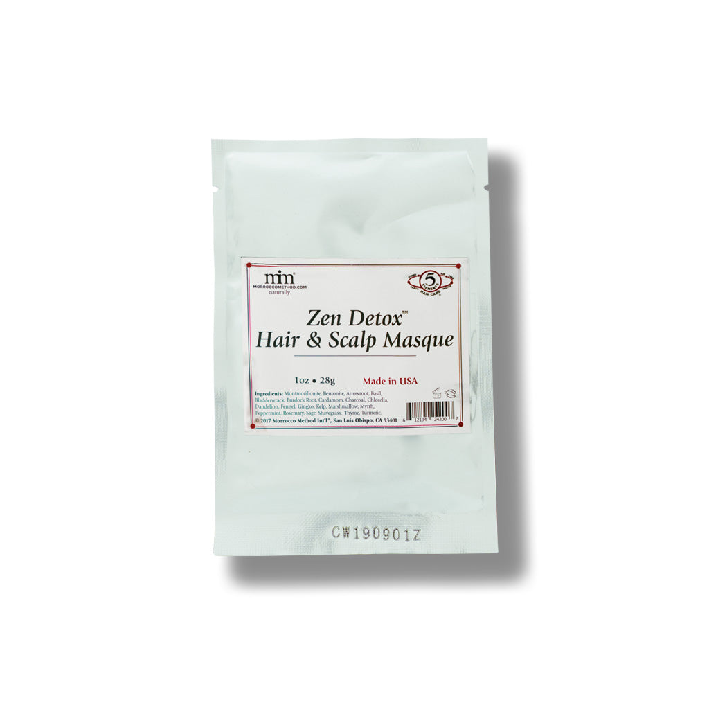 Hair & scalp masque sachet with Zen Detox label, white/clear pouch