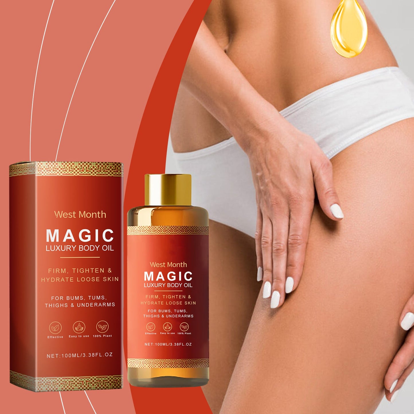 Firming moisturizing body oil 100ml bottle with gold cap as oil is applied to skin