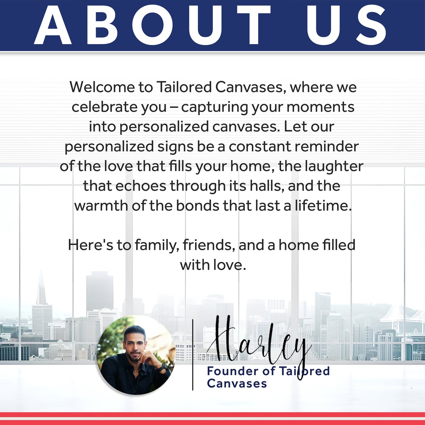 About Us banner with Tailored Canvases founder and city skyline graphic