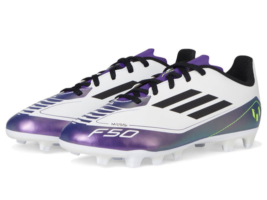 adidas F50 Club Messi Flexible Ground Sneaker White/Black/Unity Purple 1 US Unisex Little Kid - Renee Lane Company