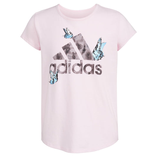 adidas Girls Short Sleeve Cotton Scoop Neck Tee T-Shirt Light Pink w/Butterflies Size 6 - Renee Lane Company