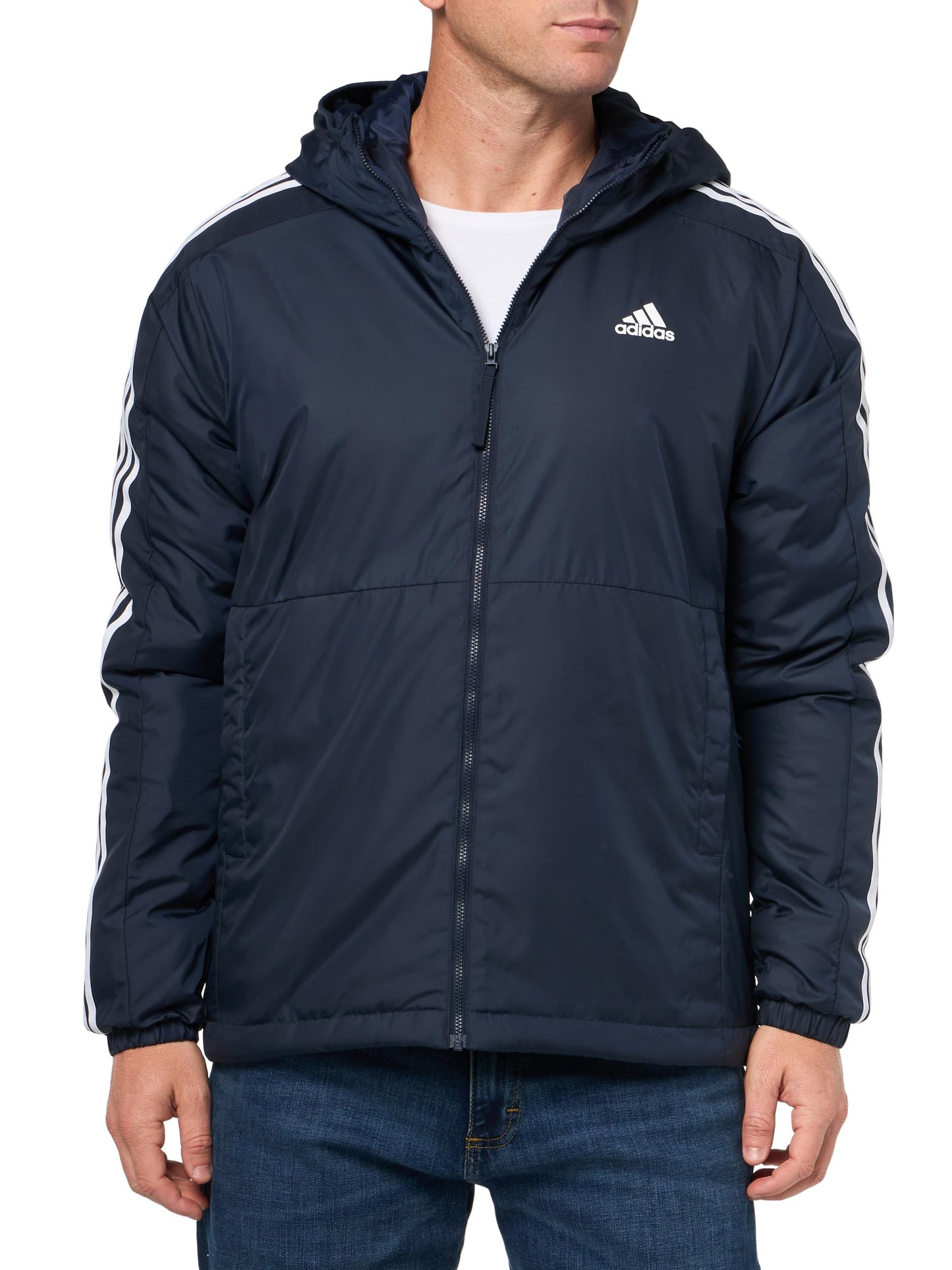 adidas Mens Essentials 3-Stripes Insulated Hooded Jacket Ink XX-Large - Renee Lane Company