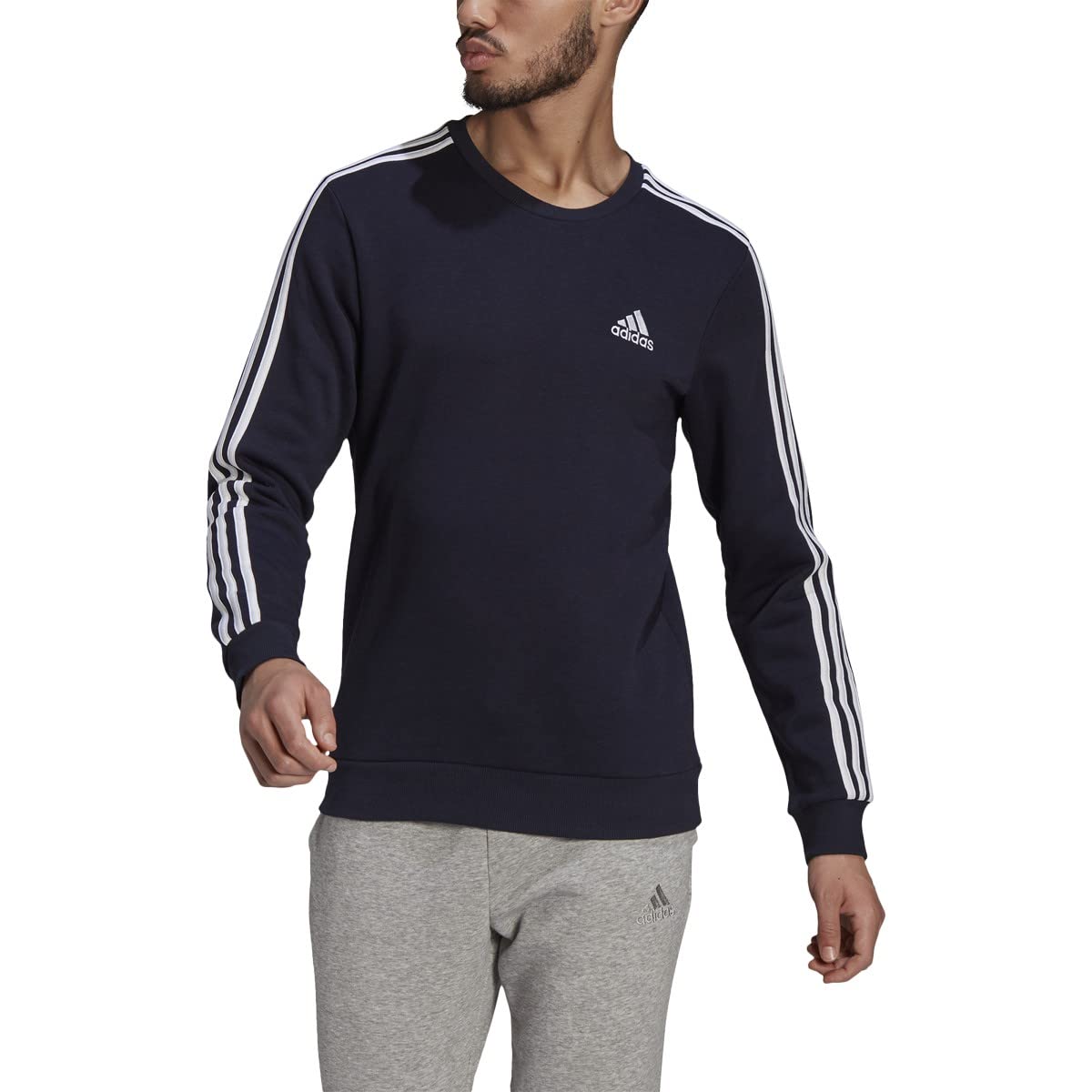 adidas Mens Essentials Fleece 3-Stripes Sweatshirt Ink/White Medium - Renee Lane Company