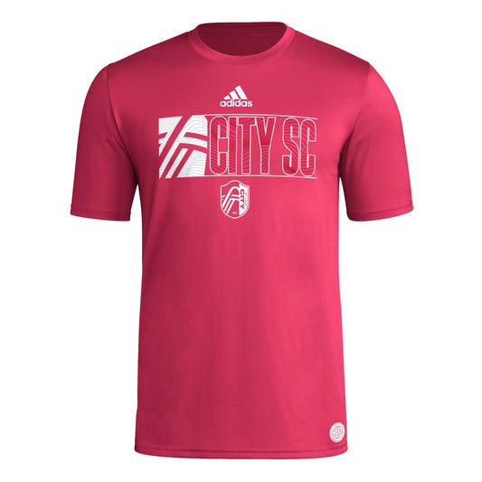 adidas Mens Short Sleeve Pre-Game T-Shirt Power Pink/St. Louis City Sc X-Small - Renee Lane Company