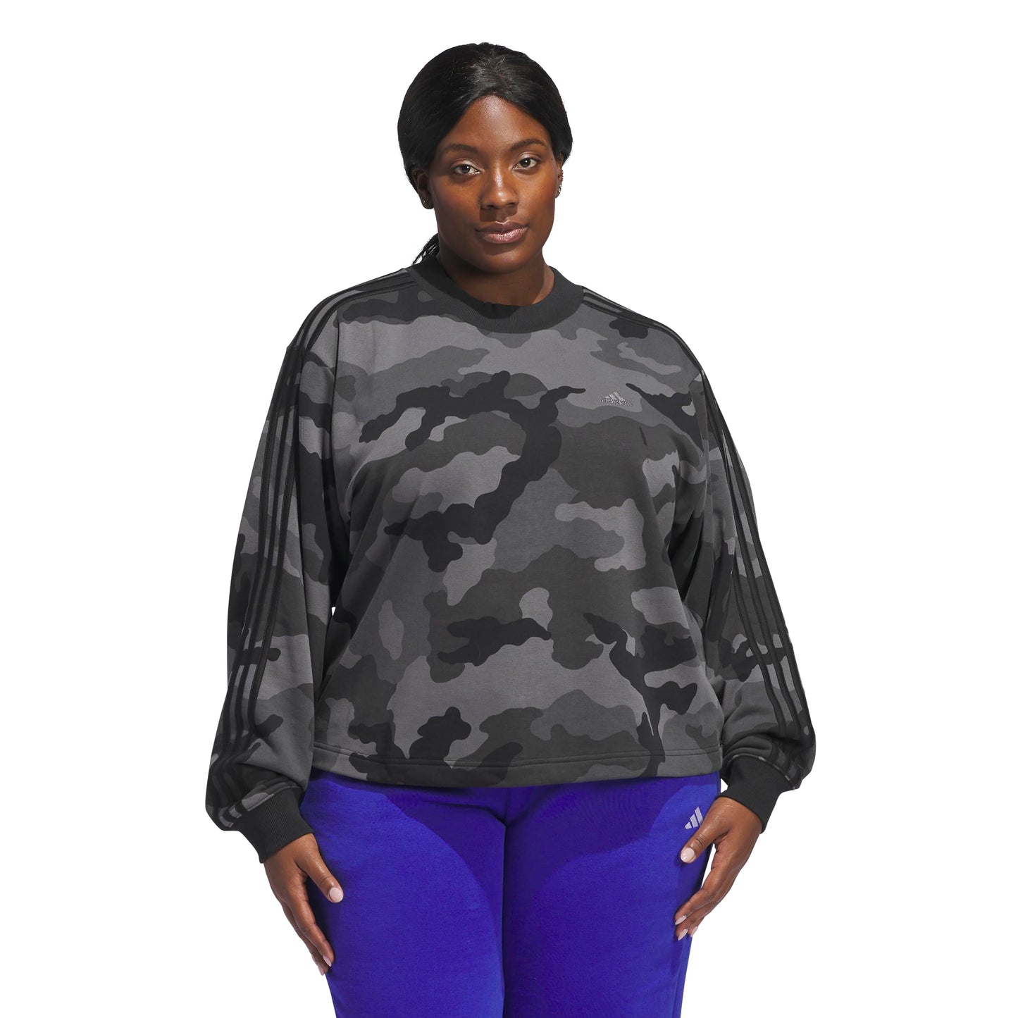 adidas Womens Essentials 3 Stripes Camouflage Printed Cropped Sweatshirt Black - Renee Lane Company