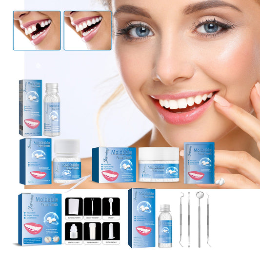 Smiling smile with cosmetic denture fitting kit, gel jar, blue boxes, and applicator tools