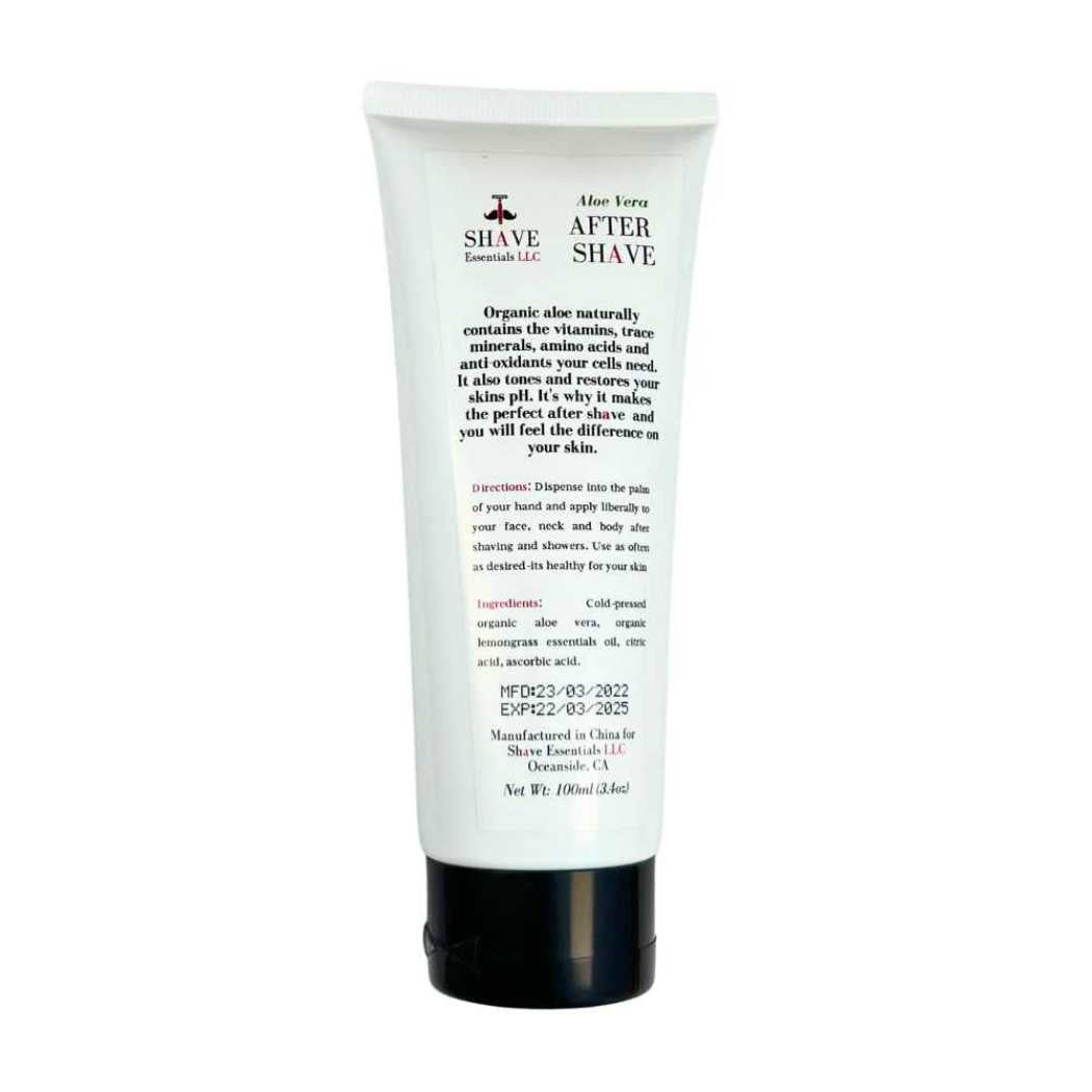 Aftershave gel tube back label with ingredients text and dark cap