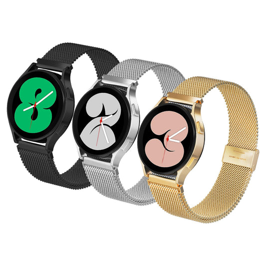 Watch band 3-pack with mesh links in black, silver, and gold stainless steel